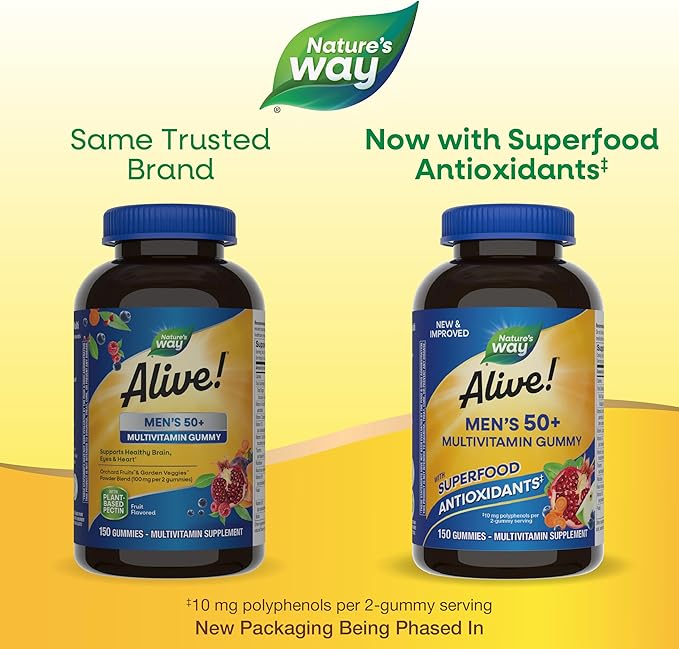 Nature's Way Alive! Men’s 50+ Daily Gummy Multivitamins Supports Healthy Brain Eyes Heart* B-Vitamins Gluten-Free Fruit Flavored 150 Gummies (Packaging May Vary)