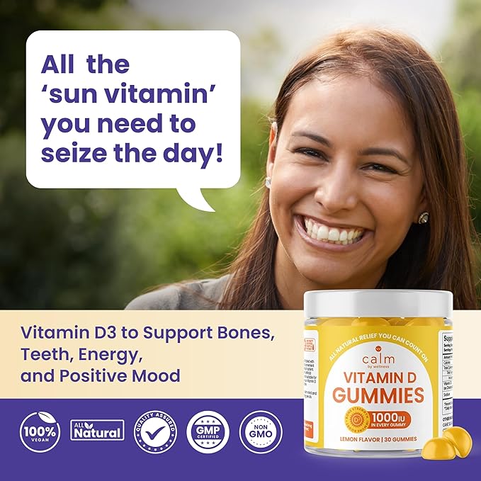 Calm by Wellness Vitamin D Gummies for Adults Vitamin D3 Gummy Vitamins for Bone and Immune System Support Lemon Flavor 30 Count