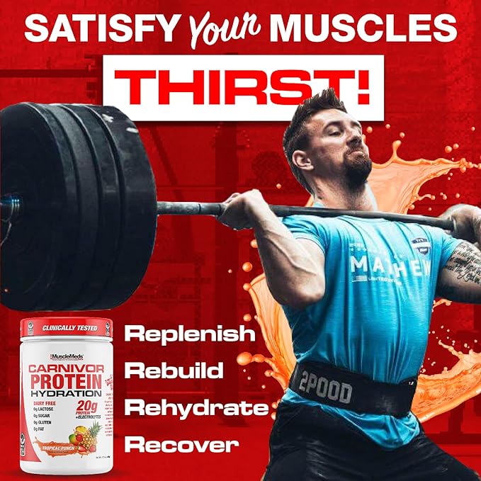 MuscleMeds Carnivor Protein Hydration Drink Powder 20g Refreshing Protein Isolate Lactose Free Sugar Free Electrolytes Muscle Building Recovery Halal Certified Tropical Punch 20 Serve