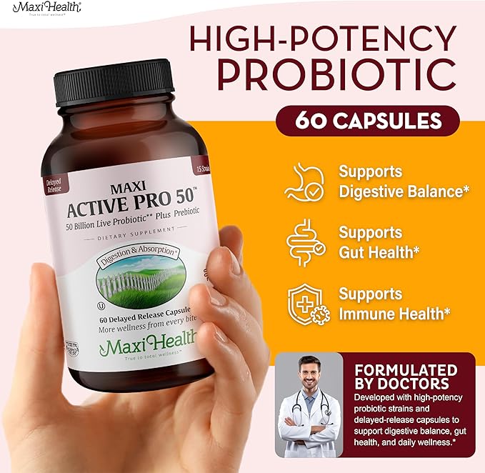 Maxi Health Probiotic Plus Ultimate Prebiotic Advanced Live Probiotics Formula - 50 Billion Live Active Probiotic - 15 Strains - Ultra Protection - Active Pro-50-60 Count