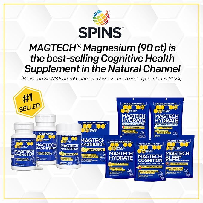 MagTech Magnesium Drink Mix - Sugar Free Lemonade - 3 Forms of Magnesium: Magtein L-Threonate Glycinate &amp Taurate - 200mg Chelated Magnesium Complex - Supports Relaxation &amp Brain Health - 20