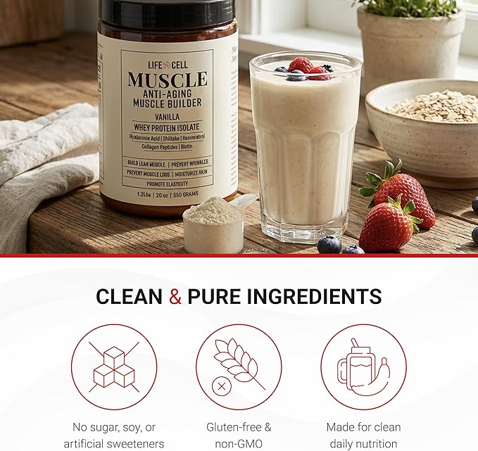 LifeCell Whey Protein – Anti-Aging Muscle Builder with Shiitake Mushroom Collagen &amp Hyaluronic Acid – Vanilla No Sugar Added Soy-Free Gluten-Free 550g