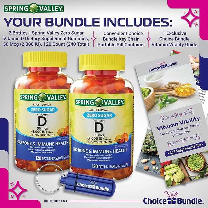 Choice Bundle Spring Valley Zero Sugar Vitamin D 50 mcg Gummies Supports Bone &amp Immune Health 120 Ct 2 pk (240 Total) + Vitamin Guide and Pill Container (4 Items)!