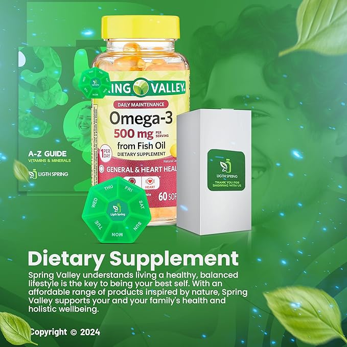 Omega-3 Fish Oil 500 mg 60 Softgels with Bundle Exclusive Vitamins &amp Minerals - A to Z - Better Ligth&ampSpring Guide
