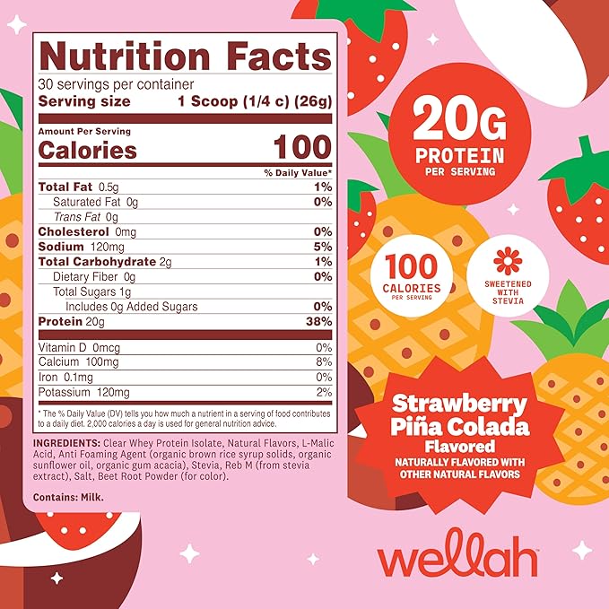 Wellah Clear Whey Protein Isolate Powder (Strawberry Piña Colada) 30 Servings - 20g of Protein 100 Calories Sweetened with Stevia