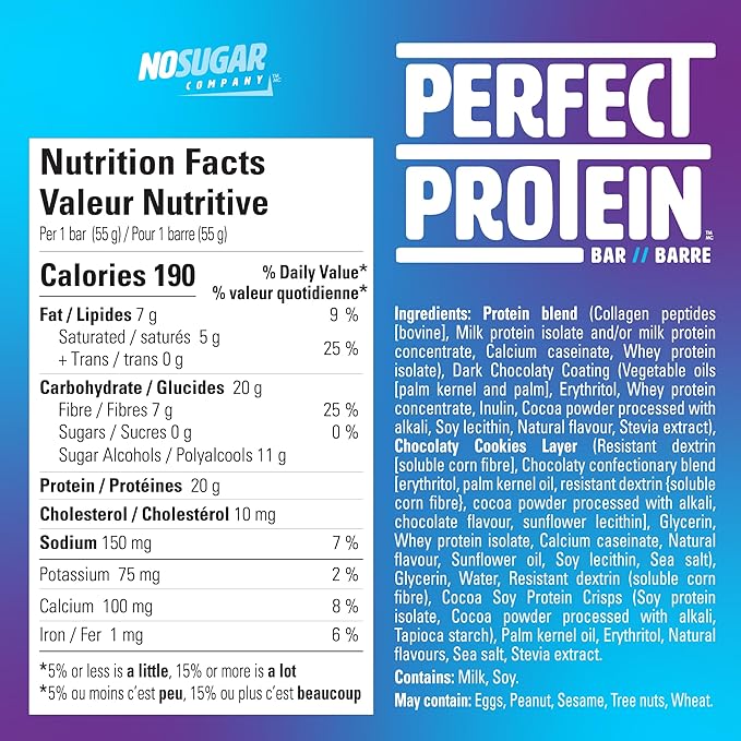No Sugar Perfect Protein Bar - Cookies &amp Cream Flavor | 20g High Protein Zero Sugar Diabetic-Friendly High Fiber Keto-Friendly Low Calorie Nutrient Rich Healthy Snack | 14 Bars (55g)