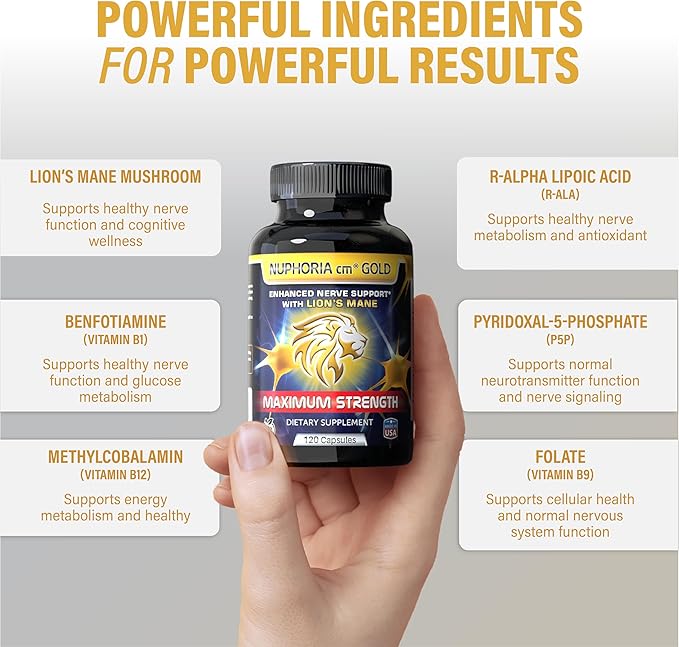 Nuphoria cm® Gold - Nerve Support Formula with R-Alpha Lipoic Acid and Premium B Vitamins - 30 Day Supply 120 Capsules