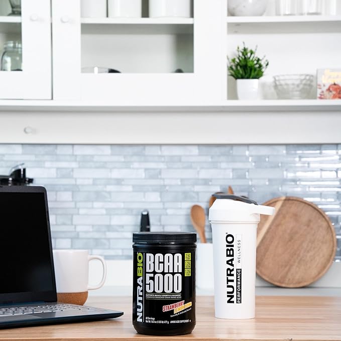 NutraBio BCAA 5000 Powder - Vegan Fermented BCAAs - Supports Lean Muscle Growth Recovery Endurance - 60 Servings - Strawberry Lemon Bomb