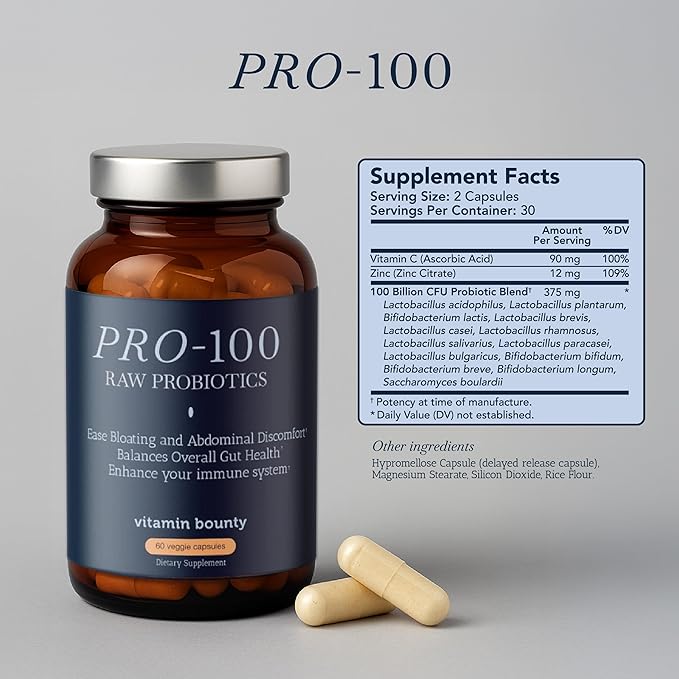 Vitamin Bounty Pro-100 Probiotic 100 Billion CFU - 13 Strains for Digestive Health &amp Immune Support - High Potency Probiotics for Women &amp Men - Delayed Release Capsules for Gut Health - 60 Cou