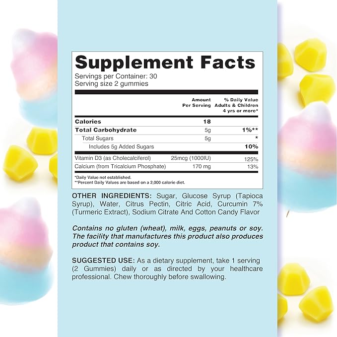 LIVS Calcium &amp Vitamin D3 Gummies for Adult &amp Kids – 170mg Calcium &amp 1000 IU Vitamin D3 Supplement for Immune Support Bone &amp Teeth Health | Cotton Candy Flavor | Gluten-Free | 120 Cou
