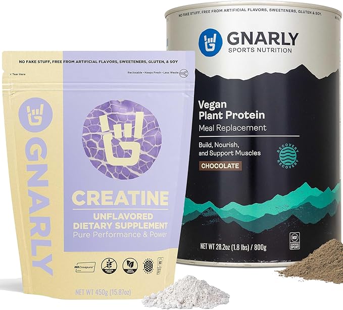 Gnarly Nutrition Creatine Powder Unflavored (16.05oz) and Gnarly Vegan Plant Protein Meal Replacement - Chocolate (28.2oz)
