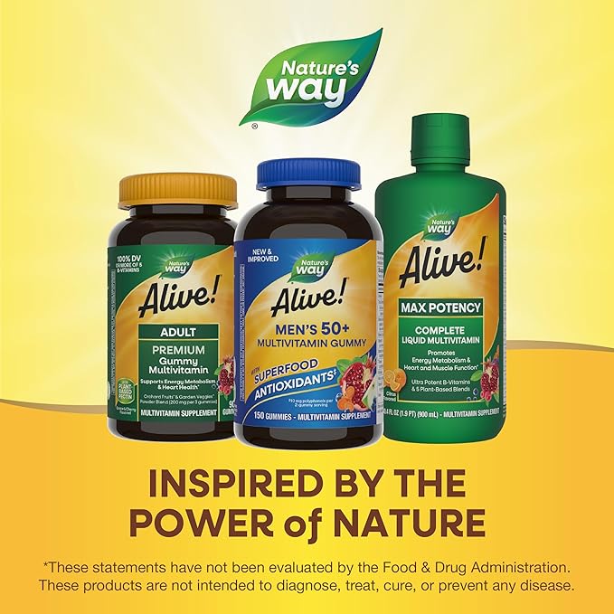 Nature's Way Alive! Men’s 50+ Daily Gummy Multivitamins Supports Healthy Brain Eyes Heart* B-Vitamins Gluten-Free Fruit Flavored 150 Gummies (Packaging May Vary)