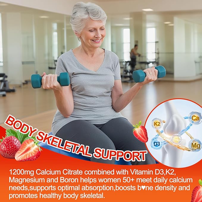 50+ Women’s Calcium Citrate Gummies: 1200mg Chewable Calcium Gummy Supplements Plus Magnesium Zinc Vitamin D3 K2 B12 B6 - Energy Immune Overall Health Support Vegan Sugar Free(120Count)