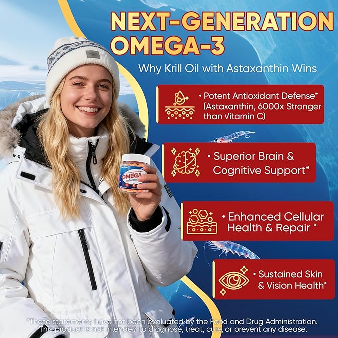 Liposomal Antarctic Krill Oil Omega 3 Gummies 2000mg - Cellular Level Absorption Omega-3 with EPA DHA &amp Astaxanthin - Antioxidant &amp Brain Support - Fish Oil Supplements Alternative - 60 Count
