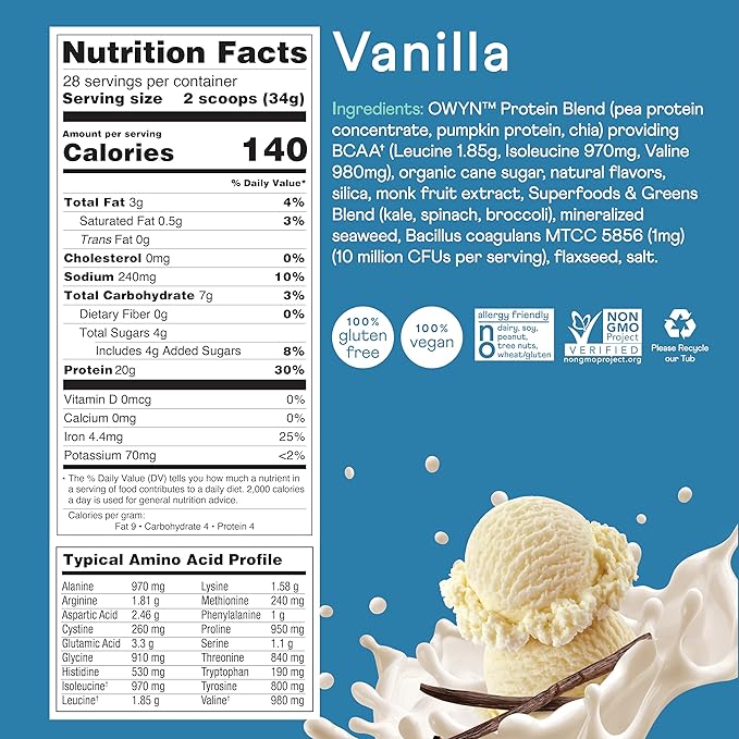 OWYN Only What You Need Dairy Free Protein Powder with 20g Protein Probiotics Superfoods Greens Pea Chia and Pumpkin Seed Blend (Smooth Vanilla 2.1 Pound - Pack of 1)