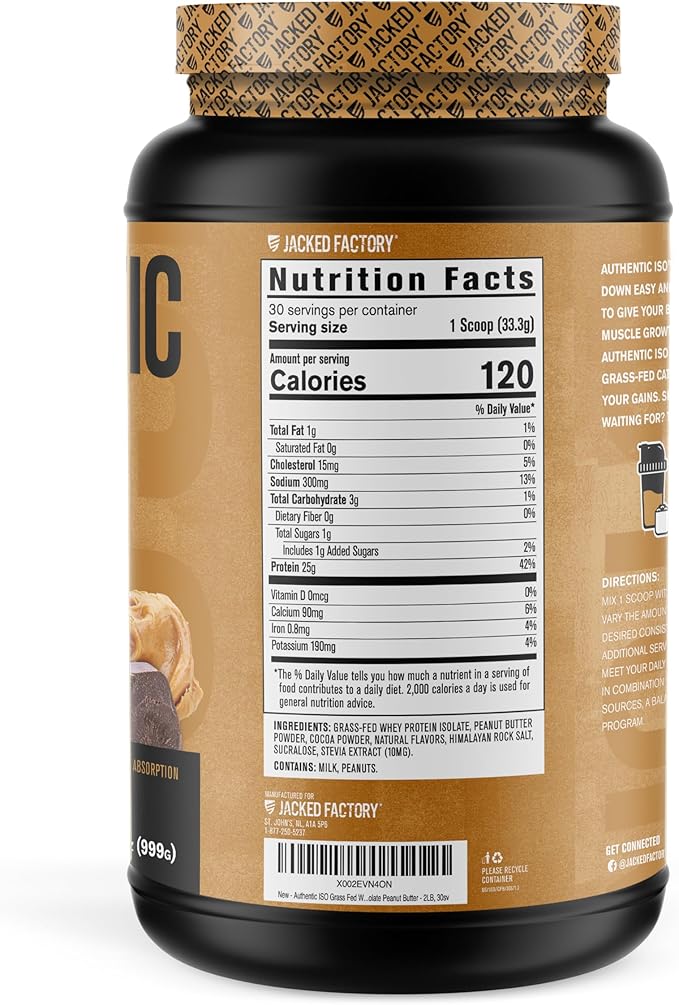 Jacked Factory Authentic ISO Grass Fed Whey Protein Isolate Powder - Low Carb Non-GMO Muscle Building Protein w/No Fillers (Chocolate Peanut Butter 30sv) &amp (Chocolate 30sv)