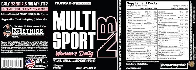 NutraBio Multisport for Women - Womens MultiVitamin - 33 Vitamins Minerals Micronutrients - Rich in Antioxidants - Supports Peak Athletic Performance Energy Metabolism (120 Vegetable Capsules)