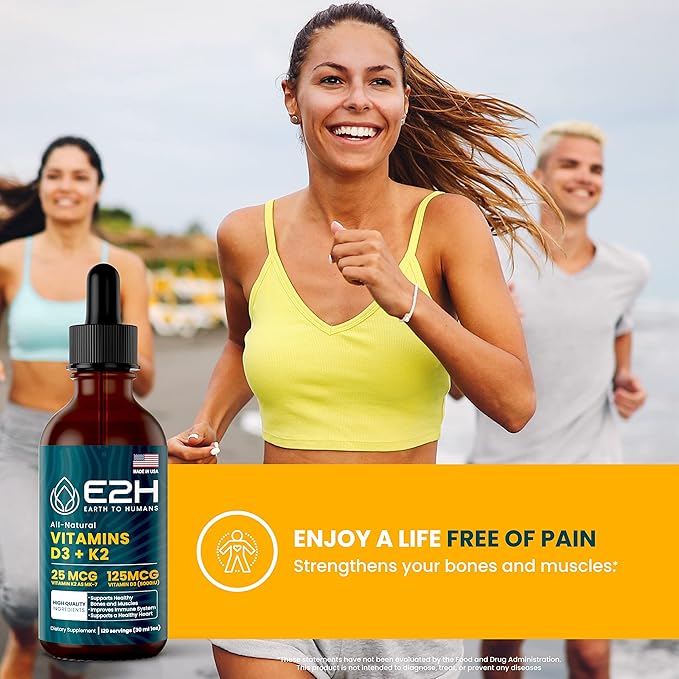 E2H EARTH TO HUMANS Vitamin D3 &amp K2 Supplement for Immune Support - Liquid Vitamin D3 5000 IU - Made in The USA | Non-GMO Vegan - (3 Bottles)