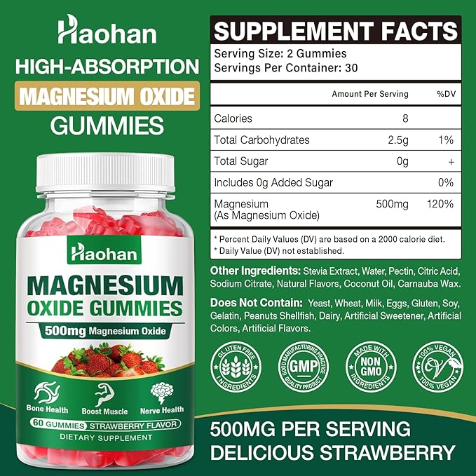 Magnesium Oxide Gummies 500mg - Strawberry Flavor Chewable Supplement for Adults &amp Kids with Nerve &amp Muscle Support - Vegan Non-GMO 120 Count