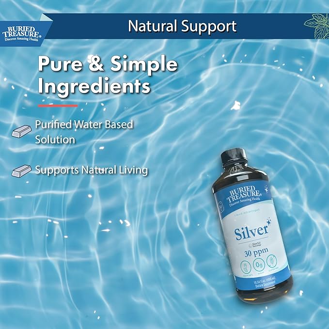 Buried Treasure Purified Silver Liquid 30 PPM - 16 oz. 96 Servings Non-Accumulative Nano Silver Solution Spray &amp Dietary Immune Supplement