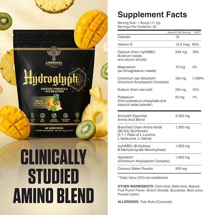 Ambrosia Hydroglyph Intraworkout Electrolytes Hydration Drink Mix | Sugar Free Electrolyte Powder with Amino Acids | Supports Lean Muscle During Fasting | 30 Servings | Fruit Punch