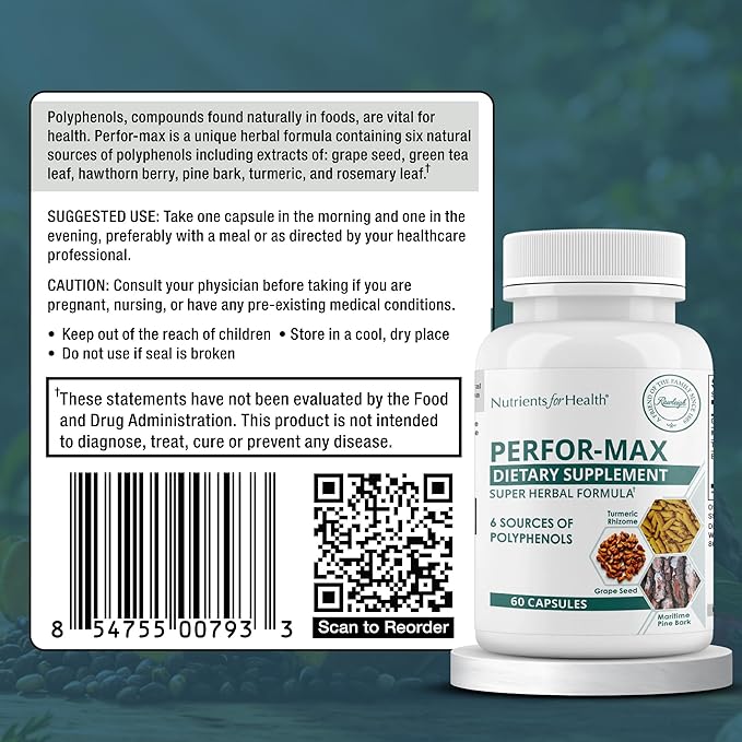 Rawleigh Perfor-Max 60 Capsules for 1 month: Supplement with 6 Polyphenol Sources Like Grape Seed Pine Bark Turmeric Green Tea Hawthorn &amp Rosemary Extracts for Heart Health &amp Immunity Glu