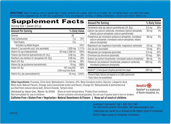 Emergen-C Immune+ Triple Action Immune Support Powder BetaVia (R) 1000mg Vitamin C B Vitamins Vitamin D and Antioxidants Super Orange – 50 Count