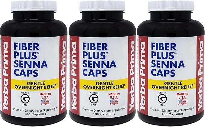 Yerba Prima Fiber Plus Senna Capsules 180 Count (Pack of 3) - 118 Servings of Gentle Overnight Relief USA Made Non-GMO for Short-Term Use to Restore Regularity