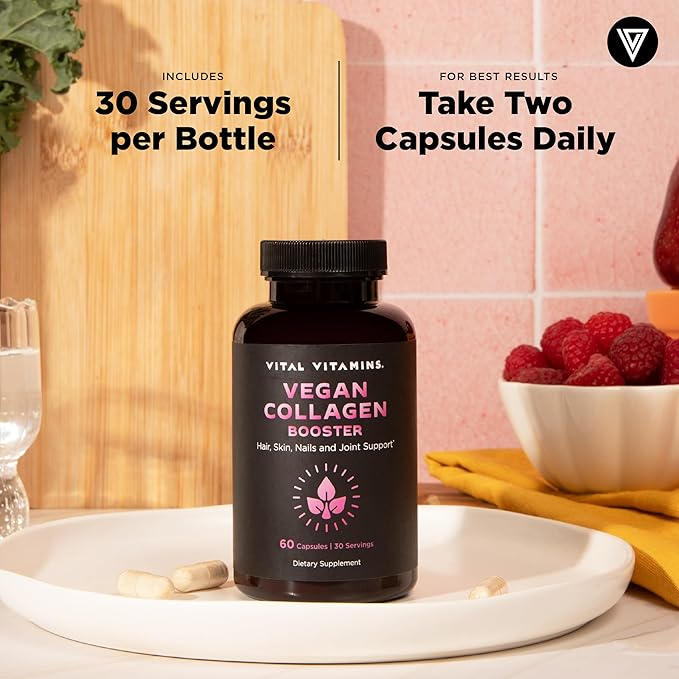 Vital Vitamins Vegan Collagen Booster - with Silica and Hyaluronic Acid - Plant-Based Collagen Supplements - Supports Hair Skin Nails &amp Joints - 60 Capsules