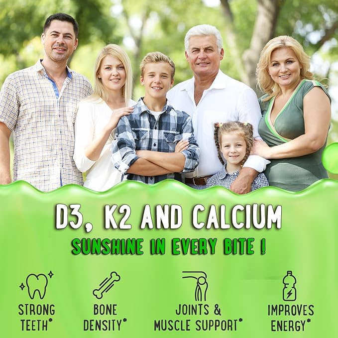 Center-Filled Vitamin D3 K2 &amp Calcium Gummies - Supplement for Healthy Teeth Bone &amp Energy - 5000 IU D3 120 mcg K2(MK-7) 120 mg CA - Vegan &amp Non-GMO - 60 Count