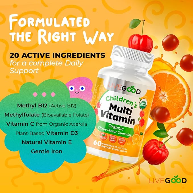 LIVEGOOD Organic Children’s Multivitamin Gummies Kids Multivitamin Vitamin D for Toddlers and Children Organic Kids Chewable Vitamins for Immunity Growth and Energy (60 Count)