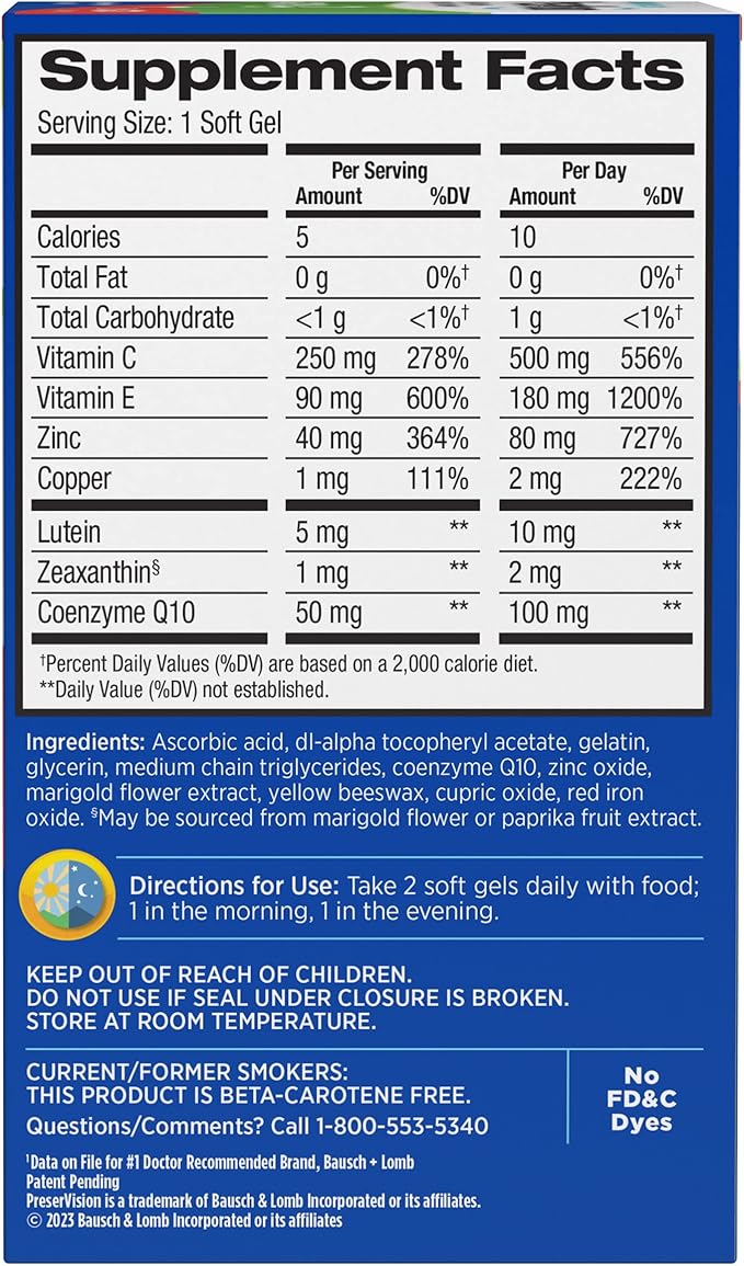 PreserVision AREDS 2 Eye Vitamins with CoQ10 for Heart Health#1 Eye Doctor Recommended BrandLutein and Zeaxanthin Supplement with Vitamin C &amp EZincand Copper100 Softgels(Pack of 2)