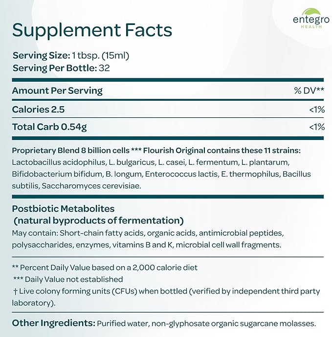 ENTEGRO Flourish Original Liquid Probiotic &amp Postbiotic Supplement - Glass | 11 Live Cultures | Gut &amp Digestive Health for Women Men &amp Kids | Organic Vegan Allergen Free | USA Made | 16