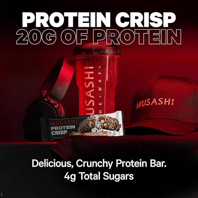 MUSASHI Protein Crisp Bar 20g Protein 4g Total Sugars Chocolate Brownie Post Workout and Snack On The Go 12 Pack of 2.1oz (60g) Bars