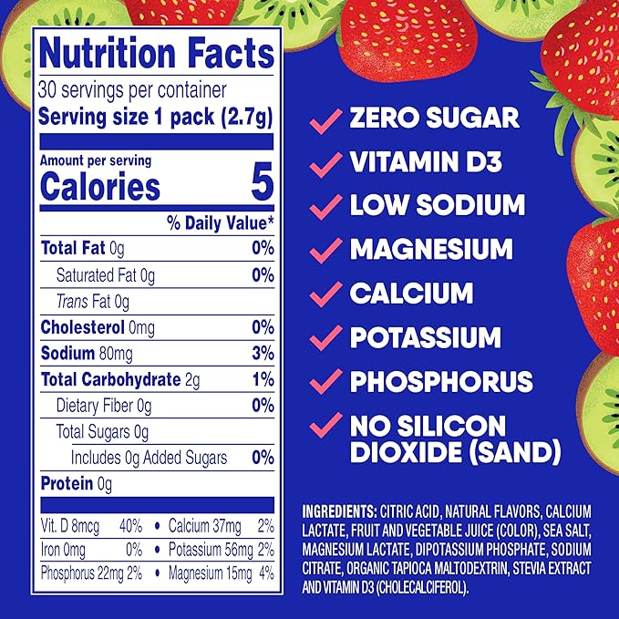 GoHydrate Instant Hydration Powder Packets - Low Sodium Electrolytes Drink Mix - Natural Hydration Support Sugar Free Electrolyte Flavored Powder Drink with Vitamin D 30 Packs Kiwi Strawberry