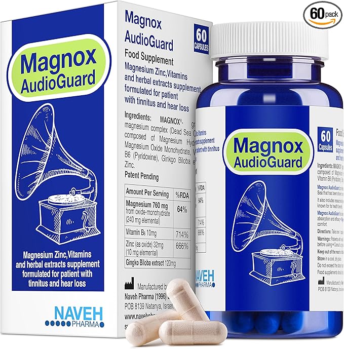 MAGNOX® AudioGuard Magnesium Supplement for Tinnitus Treatment | Tinnitus Relief for Ringing Ears | Natural Magnesium Complex | Dead Sea Minerals | High Absorption Magnesium | 60 Capsules