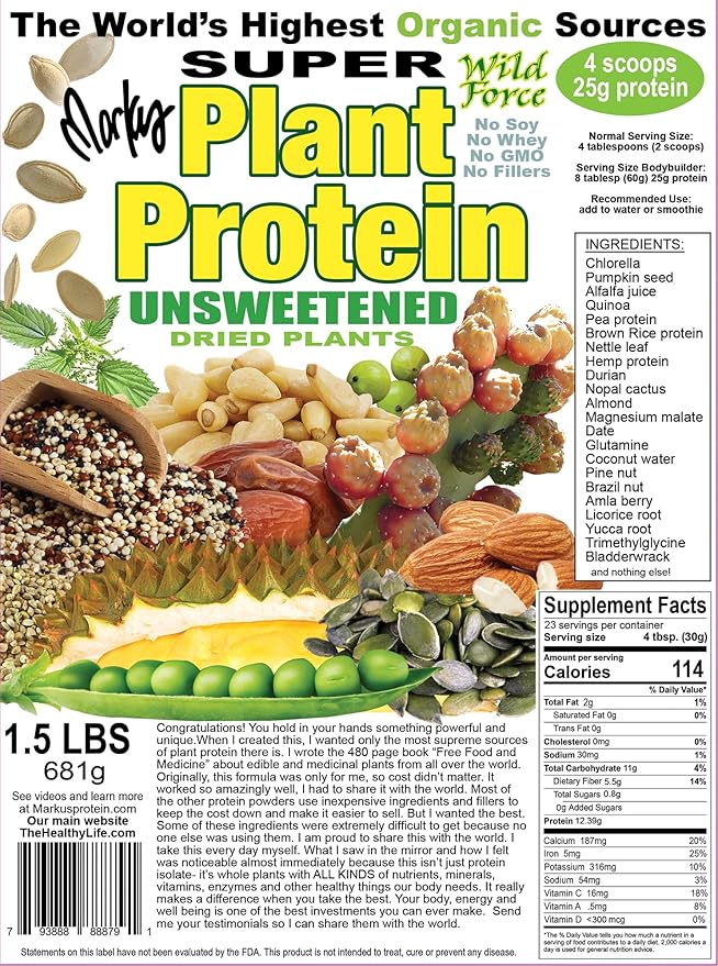 Super Plant Protein - Unsweetened - Protein Powder Enriched with Exotic Pine Nuts Durian &amp Prickly Pear Cactus - Digestive-Friendly Nutrient-Rich