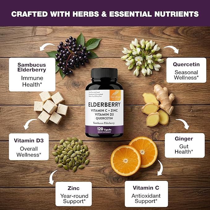 Elderberry Vitamin C and Zinc Capsules for Adults | 360 Count with Quercetin &amp Vitamin D3 | 6-in-1 Immune Support Supplement Pills | Sambucus Black Elderberry Natural Immunity Vitamins | Made in U