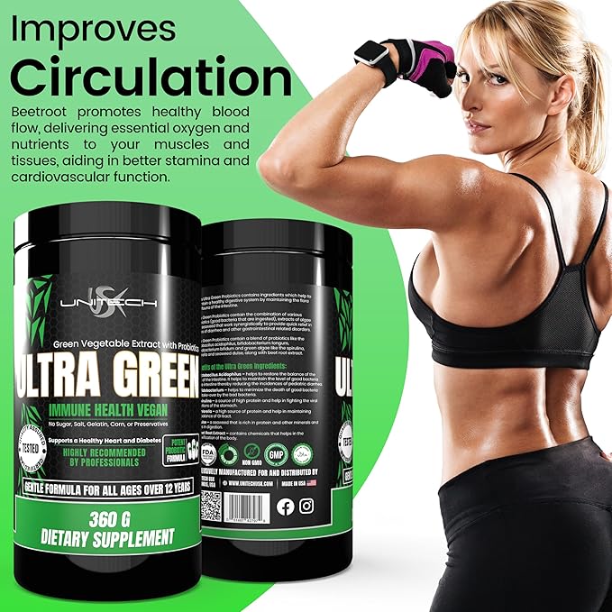 Unitech USK Ultra Green Powder | Health Supplement Immune Support and Digestive Relief | Rich with Probiotics Green Algae Seaweed and Beet Root | Gut Health Enhancement | 16 Oz