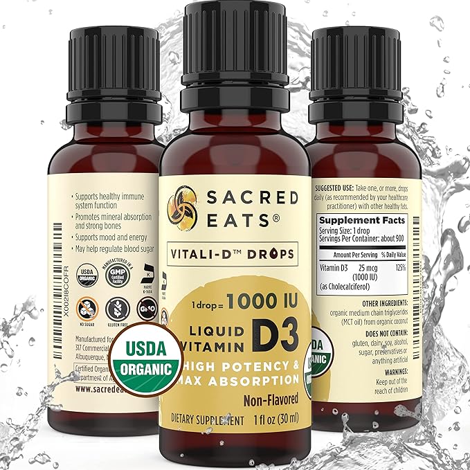 Organic Liquid Vitamin D Drops for Kids &amp Adults Sugar Free. Easy to Use 1000 IU/Drop in Coconut MCT Oil. Lasts Months Best for High Doses. Max Absorption VIT D3 Supplement. No Taste (Flavorles