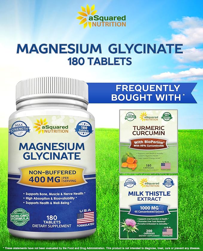 aSquared Nutrition Magnesium Glycinate 400mg - 180 Tablets - Max Strength Magnesium Bisglycinate Supplement -Maximum Bioavailability &amp Absorption-Non-GMO -Not Buffered-Supports Muscles Bones &amp