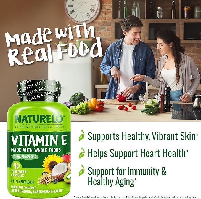 NATURELO Vitamin E Capsules 180 mg - 90 Vegan Capsules | Supports Skin Hair and Nails | Immune and Eye Health | Natural Mixed Tocopherols &amp Whole Foods | Non-GMO Dry Vitamin E