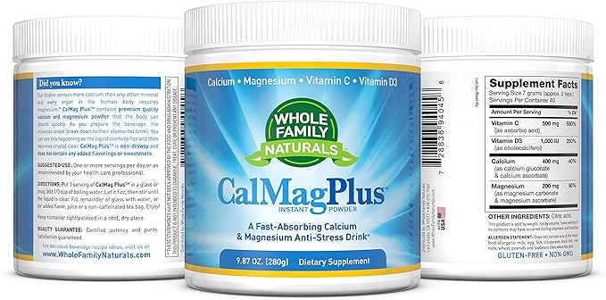 Calcium Magnesium Powder Supplement - CalMag Plus with Vitamin C &amp D3 - Gluten Free Non GMO - Natural Calm Cal Mag Drink - Cal-Mag for Muscles - Calm Sleep Magnesium Drink Powder - Calcium Supple