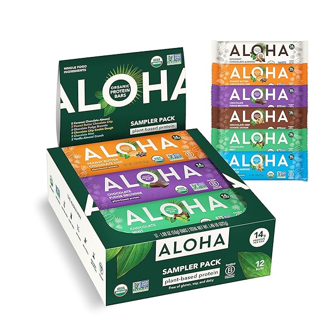 ALOHA Organic Plant Based Protein Bars - 6 Flavor Variety Pack - 12 Count 1.9oz Bars - Vegan Snacks Low Sugar Gluten-Free Low Carb Paleo Non-GMO Stevia-Free No Sugar Alcohol Sweeteners