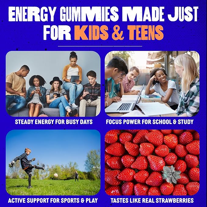 SAM+LEO Vitamin B Complex Gummies with Biotin for Kids &amp Teens - Caffeine-Free Focus &amp Energy Support Supplement Gummies | Vegan &amp Gluten Free Supplement - Strawberry Flavor (60 Count)