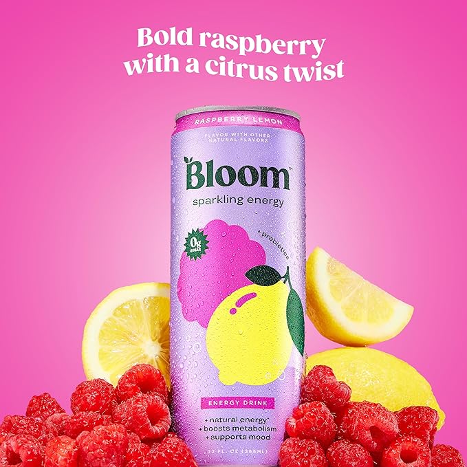 Bloom Nutrition Sparkling Energy Drink for Focus Natural Caffeine Zero Sugar 180mg Caffeine Antioxidant-Rich with Green Coffee Bean Green Tea Extract &amp Prebiotics Raspberry Lemon 12oz 24 Pa
