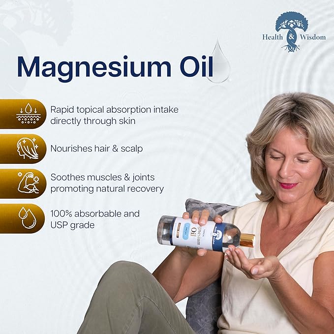 Health &amp Wisdom Pure Magnesium Oil - Topical Muscle &amp Joint Relief- Natural and Pure USP Grade Extra Strength Magnesium - Enhanced Absorption - 128 fl oz
