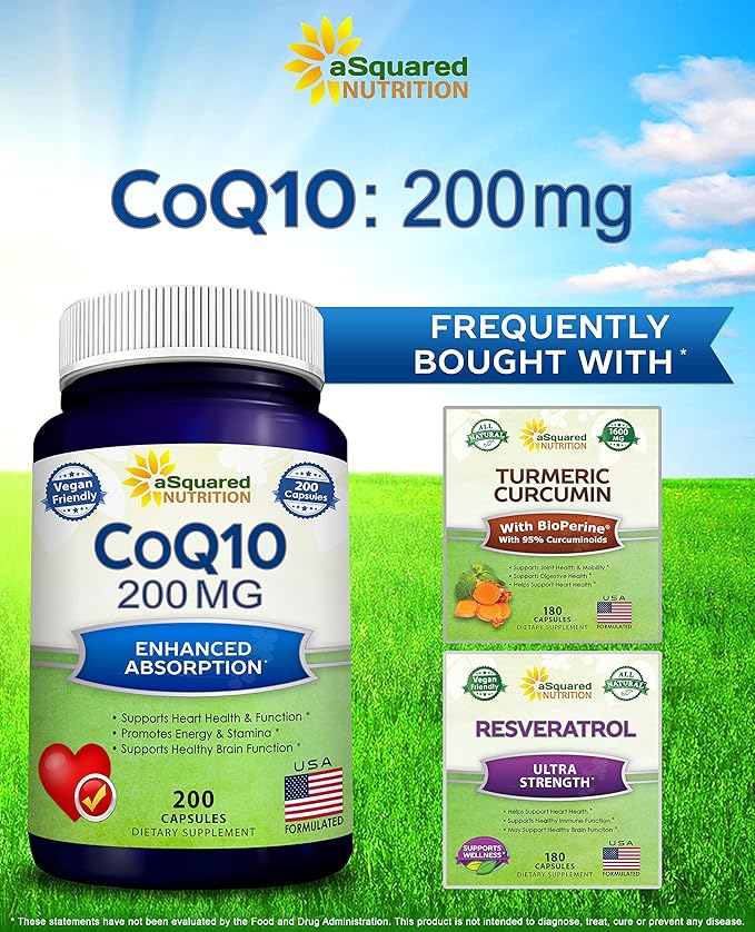 aSquared Nutrition CoQ10 (200 Capsules and 200mg) - High Absorption Vegan CO Q-10 Powder - Enzyme Ubiquinone Supplement Pills Extra Antioxidant Coenzyme Q10 Vitamin Coq 10 Alernative to Softgels