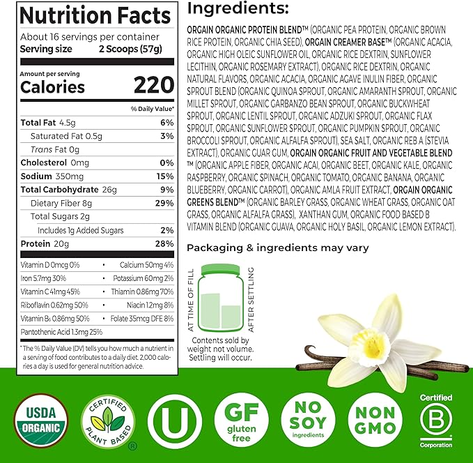 Orgain Organic Vegan Meal Replacement Protein Powder Vanilla Bean - 20g Plant Based Protein Gluten Free Dairy Free Lactose Free Soy Free No Sugar Added For Smoothies &amp Shakes - 2.03lb