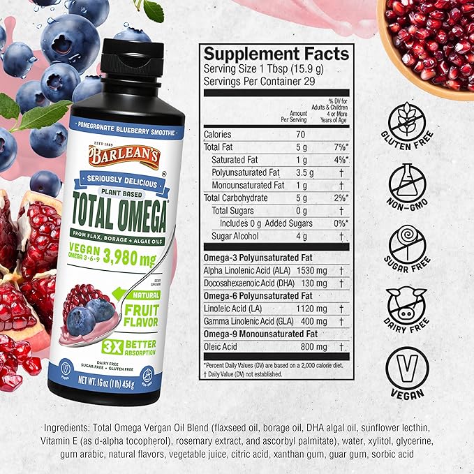 Barlean's Vegan Omega 3 6 9 Flaxseed Borage and Algae Oil Liquid Supplement Pomegranate Blueberry 3980 mg GLA EPA and DHA Fatty Acid Vegan 16 oz